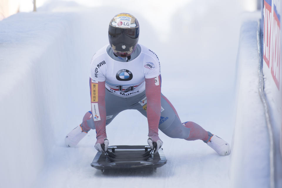 Yun Sung-bin from South Korea starts his race during the men's skeleton World Cup in St. Moritz, Switzerland, on Friday, Jan. 20, 2017. (Urs Flueeler/Keystone via AP)