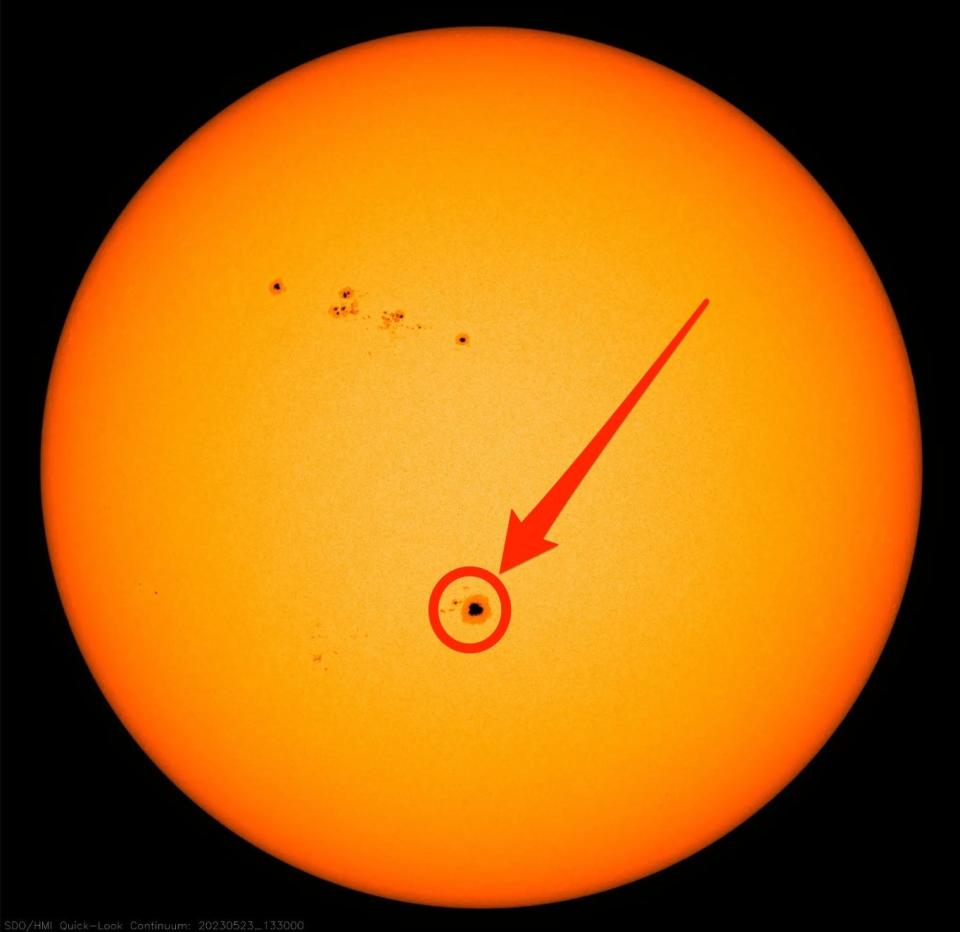 A large sunspot on the surface of the sun.