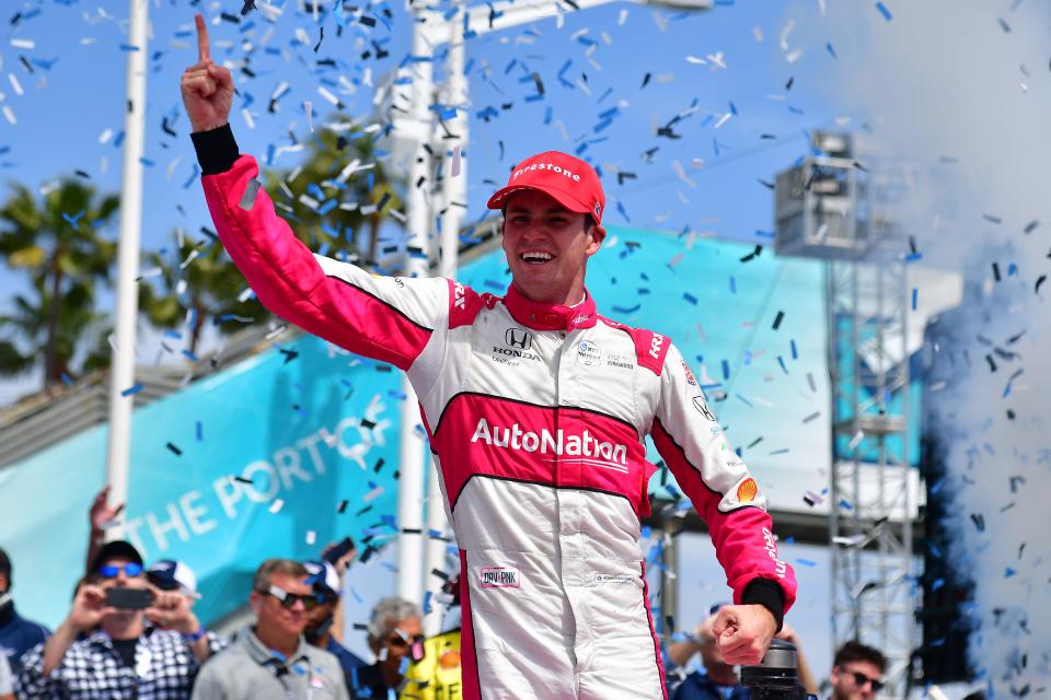 The confetti flies all around Jupiter's Kyle Kirkwood as he celebrates in Victory Lane after Sunday's Grand Prix of Long Beach.