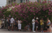 Tourist stand in the shade behind bushes in central Athens, on Thursday June 13, 2024. Temperatures are expected to exceed 40 C (104 F) on Thursday in much of central and southern Greece, including greater Athens, the Cyclades and Crete. The ancient Acropolis site was closed for second day to the public for five hours due to a heat wave. (AP Photo/Petros Giannakouris)