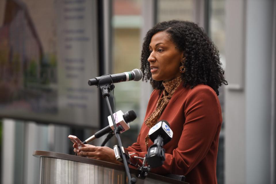 Dr. Danielle Johnson, chief medical officer of Lindner Center of Hope, speaks at a fundraising event in downtown Cincinnati for the Mason-based center on Wednesday, May 5, 2022.