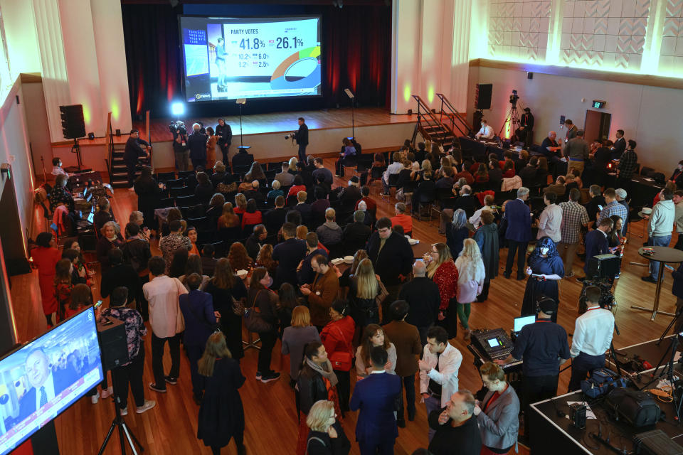 Labour Party supporters gather for an election night event in Wellington, Saturday, Oct. 14, 2023, prior to the results of a general election. (AP Photo/Mark Tantrum)