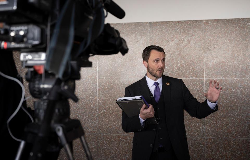 Tulare County Assitant District Attorney Kirk Davis speaks to media Friday, February 9, 2024. following a hearing with former Healthcare Conglomerate Associates' CEO Dr. Yorai “Benny” Benzeevi and his attorney Nina Marino via Zoom in Tulare County Superior Court.