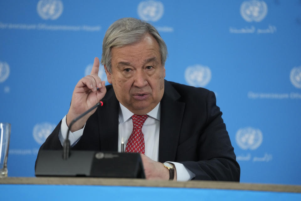 U.N secretary General Antonio Guterres addresses the media during a visit to the U.N. office in the capital Nairobi, Kenya Wednesday, May 3, 2023. Guterres said the international community needs to come together and put pressure on warring generals in Sudan for the conflict to end. (AP Photo/Khalil Senosi)