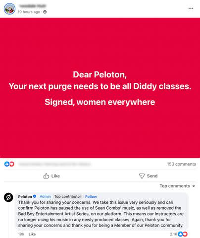 <p>Facebook</p> Peloton's statement regarding Sean "Diddy" Combs' 2016 assault video