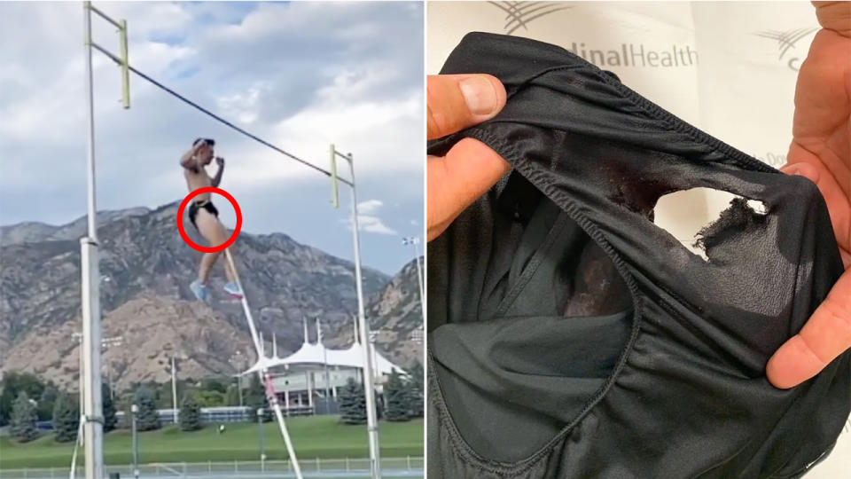 Pole vaulter Zach McWhorter has shared the moment he landed on his pole mid-air, causing him to require 18 stitches to repair the damage. Pictures: Zach McWharton/TikTok