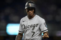 Chicago White Sox' Tim Anderson stands at first after hitting a single off New York Yankees starting pitcher Luis Severino in the seventh inning of the second baseball game of a doubleheader, Sunday, May 22, 2022, in New York. (AP Photo/John Minchillo)