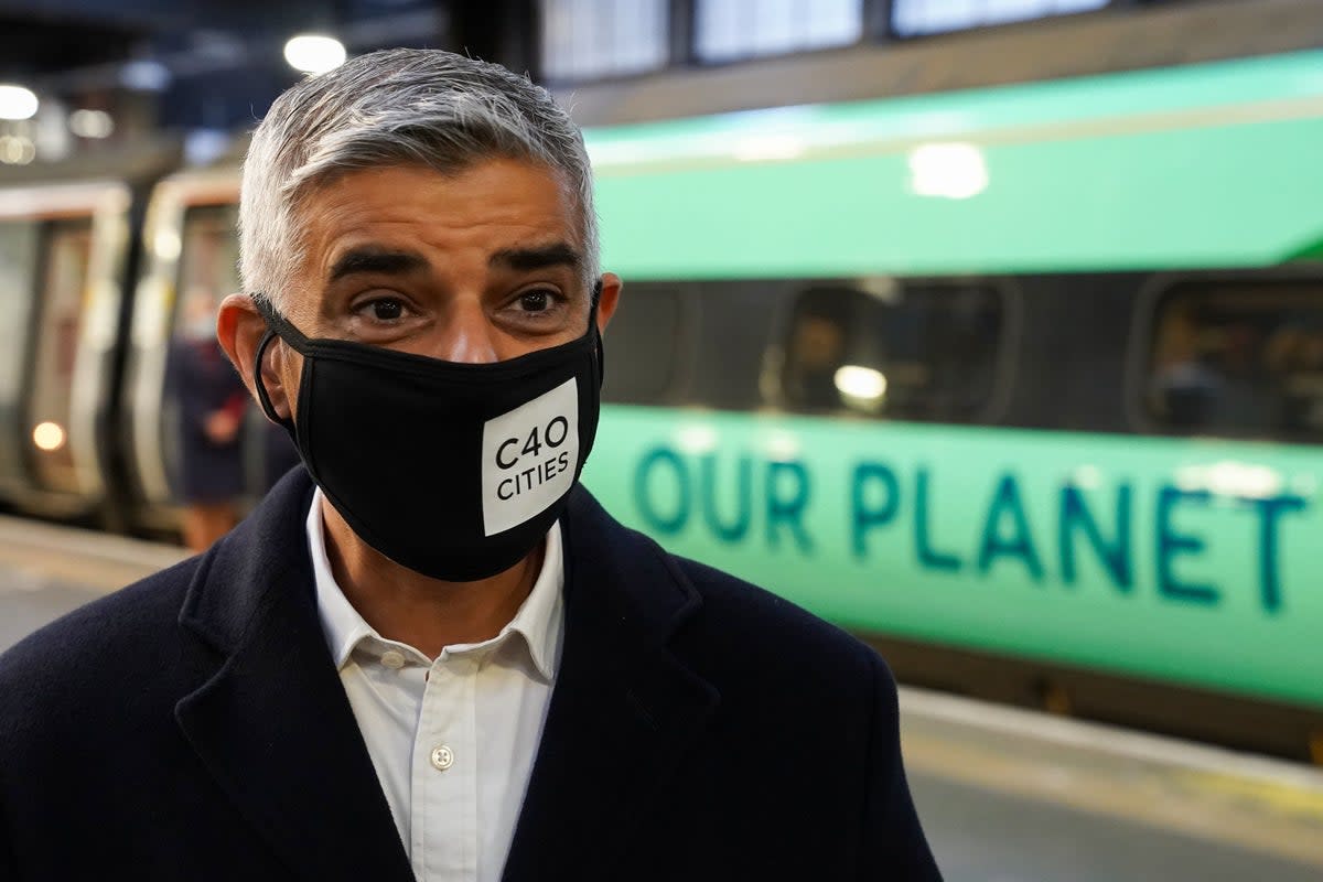 Sadiq Khan at Euston station ahead of travelling to COP26 in Glasgow  (PA)