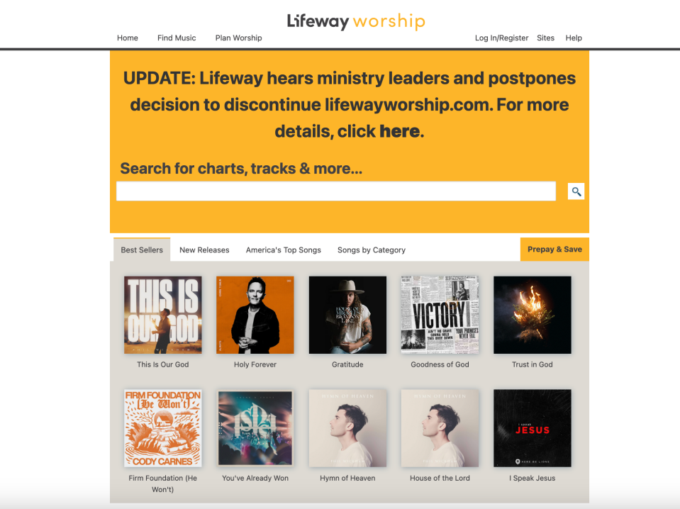 Screenshot of lifewayworship.com, a digital catalog of worship music.