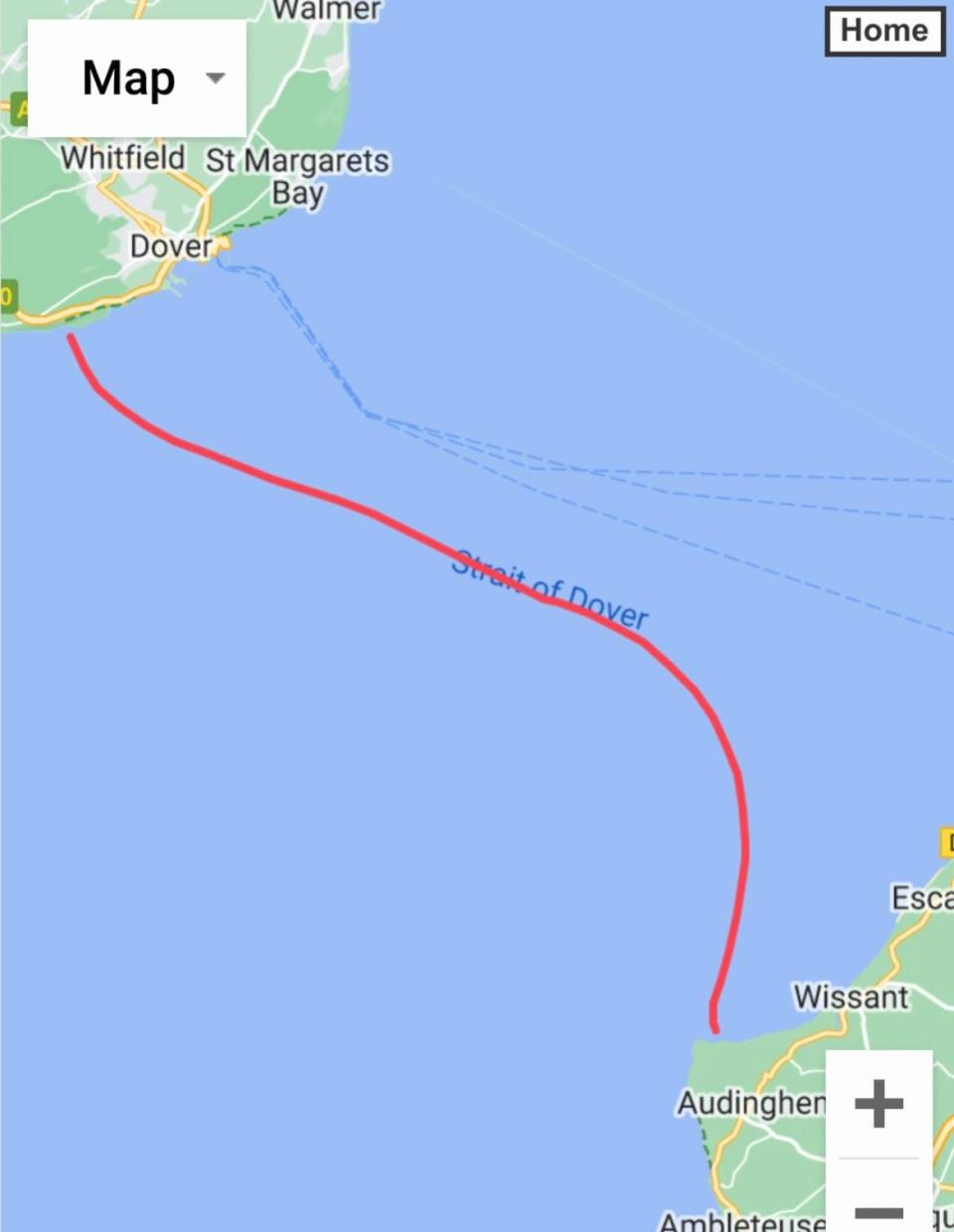 The route Allen Hillman took in swimming the English Channel.