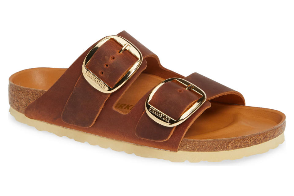 birkenstock, sandals, brown, gold, arizona, big buckle