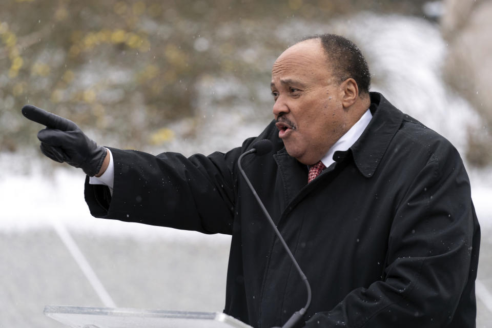 Martin Luther King III speaks during the annual Martin Luther King, Jr. Wreath Laying Ceremony at the Martin Luther King Jr. Memorial in Washington, Monday, Jan. 15, 2024. ( AP Photo/Jose Luis Magana)