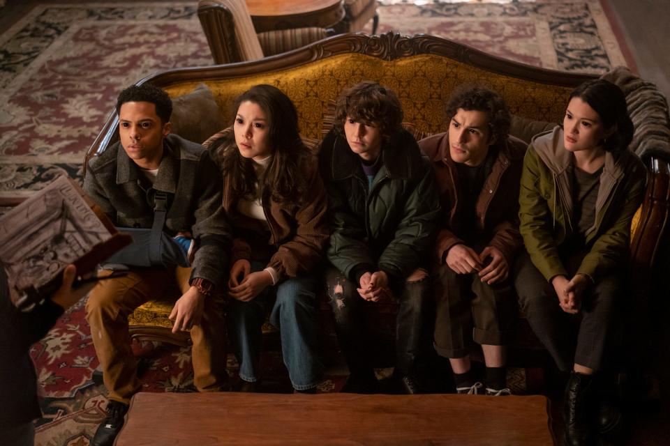 Zack Morris, Ana Yi Puig, Miles McKenna, Will Price and Isa Briones during an episode of the "Goosebumps" reboot. The new series premieres on Disney+ and Hulu on Friday, Oct. 13, 2023.