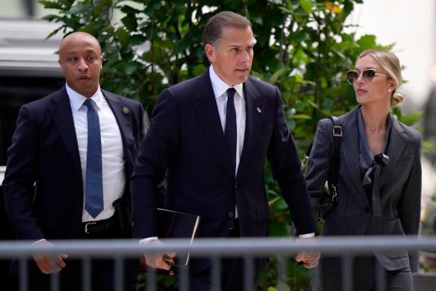 Hunter Biden, center, and his wife, Melissa Cohen Biden, right, arrive at federal court, Monday, June 3, 2024, in Wilmington, Del. (AP Photo/Matt Slocum)