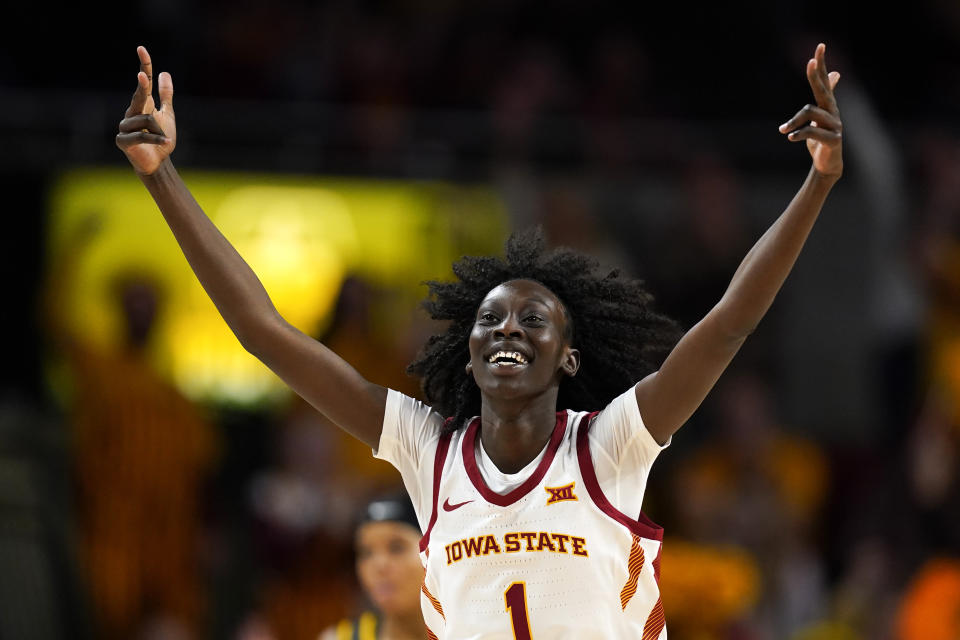 Iowa State forward Nyamer Diew celebrates after making a 3-point basket during the second half of an NCAA college basketball game against Baylor, Saturday, Feb. 4, 2023, in Ames, Iowa. (AP Photo/Charlie Neibergall)