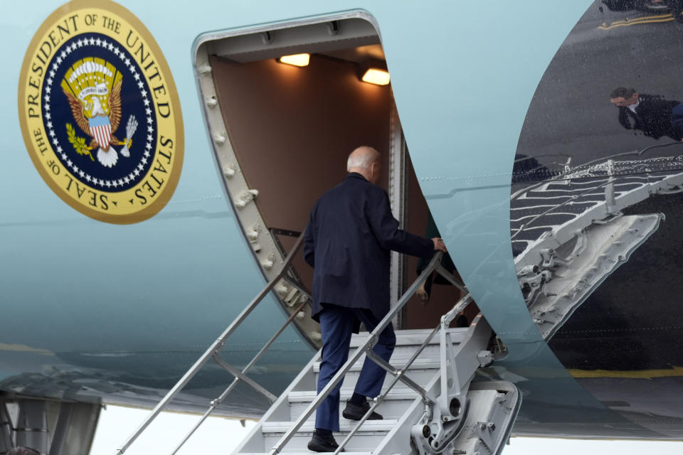 President Joe Biden boards Air Force One at Philadelphia International Airport, in Philadelphia to travel to Atlanta, for a campaign event, Saturday, March 9, 2024. (AP Photo/Manuel Balce Ceneta)