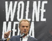 Donald Tusk, the leader of the Polish opposition party Civic Platform, speaks to a crowd of protesters in defense of media freedom in Warsaw, Poland, on Tuesday, Aug. 10, 2021. Poles demonstrated nationwide Tuesday against a bill widely viewed as a effort by the country's nationalist ruling party to silence an independent, U.S.-owned television broadcaster that is critical of the government.(AP Photo/Czarek Sokolowski)