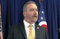 FILE - In this Feb. 20, 2020, file photo, Republican Ohio Attorney General Dave Yost speaks in Columbus, Ohio. Yost sent a letter about the uproar over President Donald Trump's mail policy warning that "radical changes" would "place the solvency of the Post Office above the legitimacy of the Government itself." (AP Photo/Julie Carr Smyth, File)