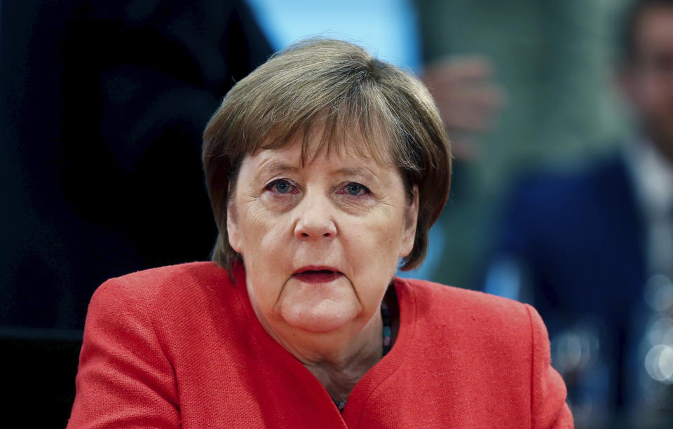 German Chancellor Angela Merkel attends the weekly cabinet meeting at the chancellery in Berlin, Germany, Wednesday, June 24, 2020. (Hannibal Hanschke/Pool Photo via AP)