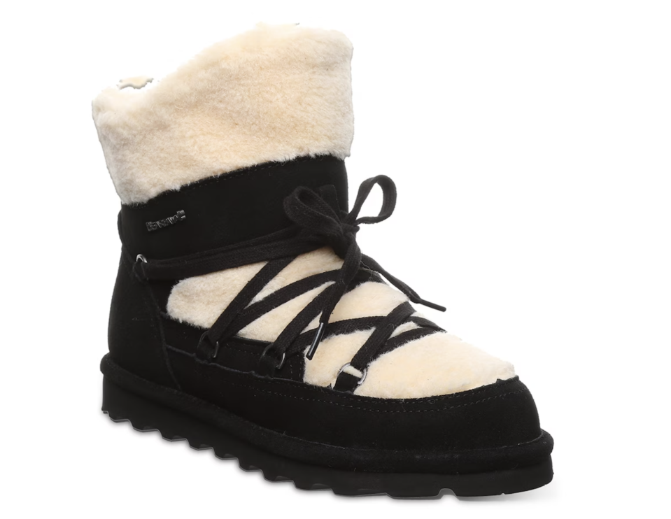 black and cream platform furry snow boots