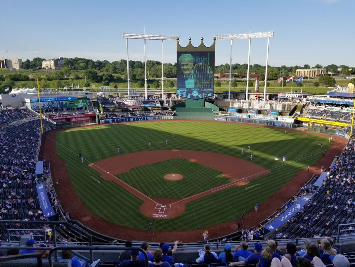 Field with people watching Kauffman Stadium, Kansas City, Missouri, home of the Kansas City Royals, during a Game