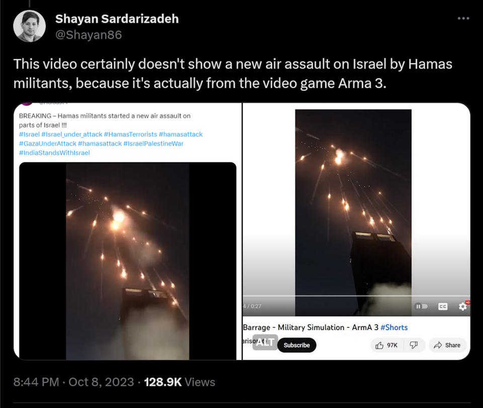 This video certainly doesn't show a new air assault on Israel by Hamas militants, because it's actually from the video game Arma 3.