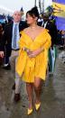 <p>In a monochrome sunny look by Hellessy, matching yellow pumps, Jennifer Fisher jewelry, and a Jacquemus bag while celebrating the opening of Rihanna Drive in Barbados.</p>