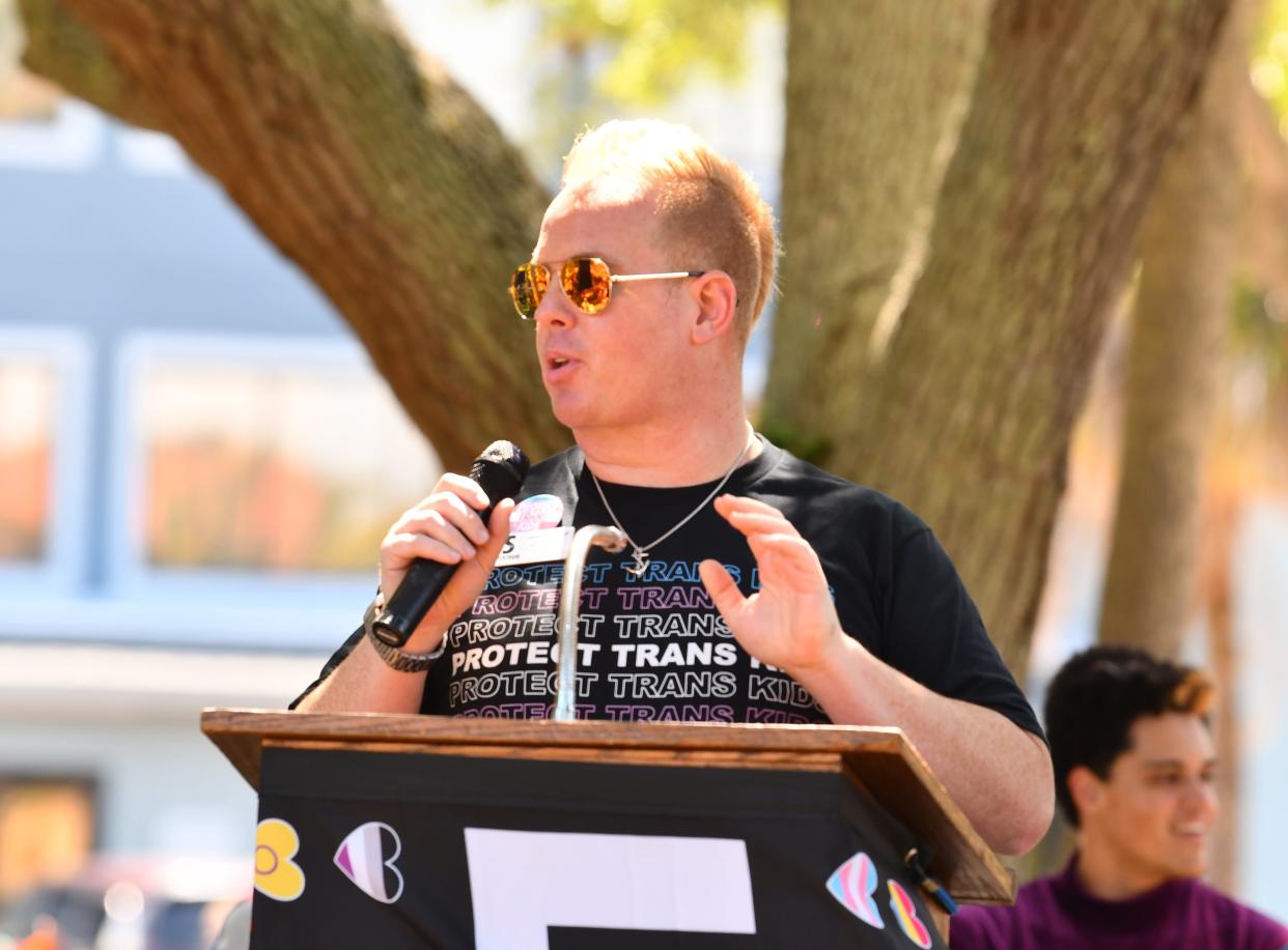 Joey Knoll, founder and CEO of Spektrum, spoke at the Brevard Say Gay rally in May.