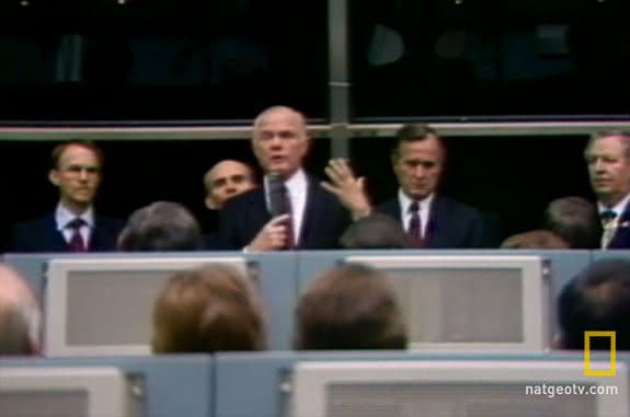 Astronaut-turned-Senator John Glenn addresses NASA’s space shuttle Challenger launch team at the Kennedy Space Center on Jan. 28, 1986.