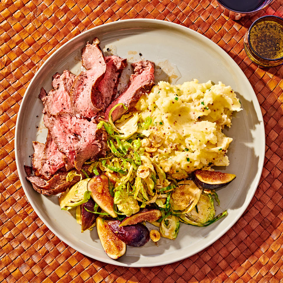 Balsamic Steak with Brussels Sprout Slaw & Mustard Mashed Potatoes