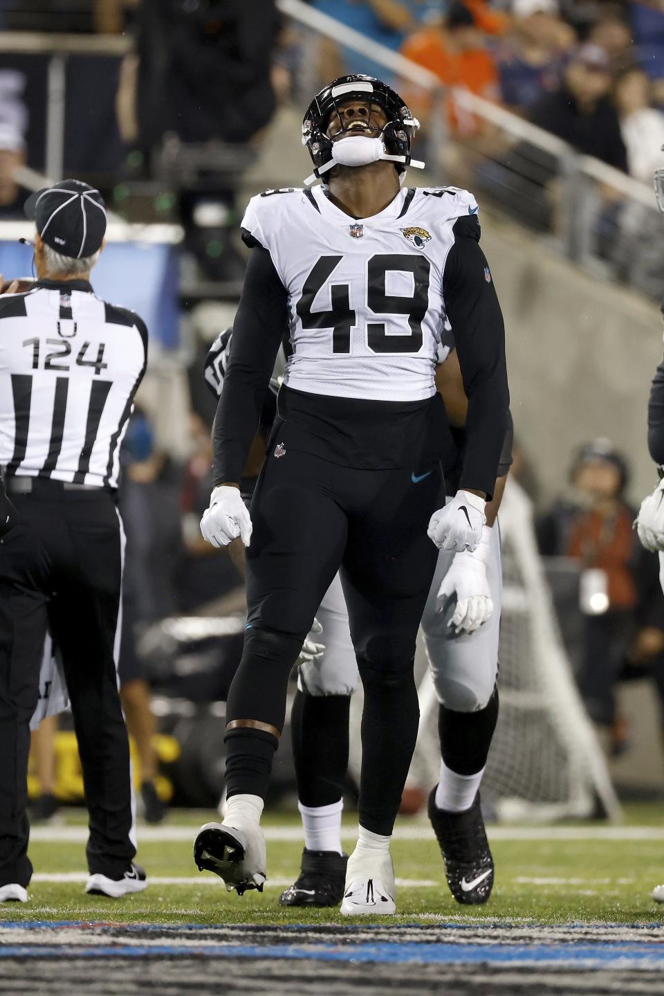 Arden Key celebrates a sack for the Jaguars during last week's preseason game against the Las Vegas Raiders in Canton, Ohio.