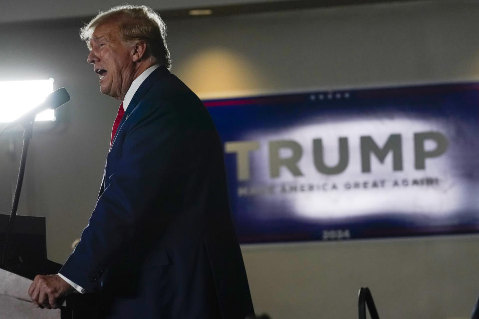 Former President Donald Trump speaks at a campaign rally at Terrace View Event Center in Sioux Center, Iowa, Friday, Jan. 5, 2024. (AP Photo/Andrew Harnik)