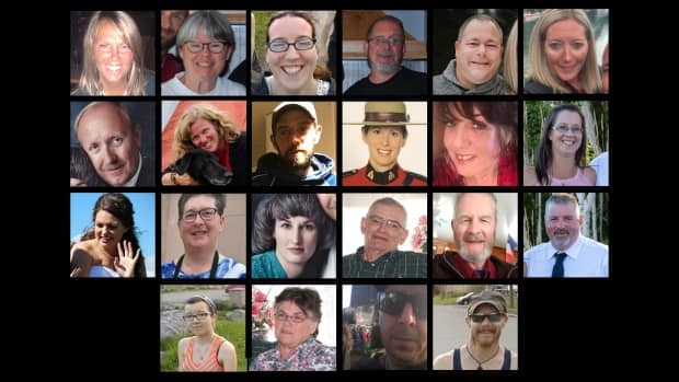 Twenty-two people died on April 18 and 19. Top row from left: Gina Goulet, Dawn Gulenchyn, Jolene Oliver, Frank Gulenchyn, Sean McLeod, Alanna Jenkins. Second row: John Zahl, Lisa McCully, Joey Webber, Heidi Stevenson, Heather O'Brien and Jamie Blair. Third row from top: Kristen Beaton, Lillian Campbell, Joanne Thomas, Peter Bond, Tom Bagley and Greg Blair. Bottom row: Emily Tuck, Joy Bond, Corrie Ellison and Aaron Tuck.