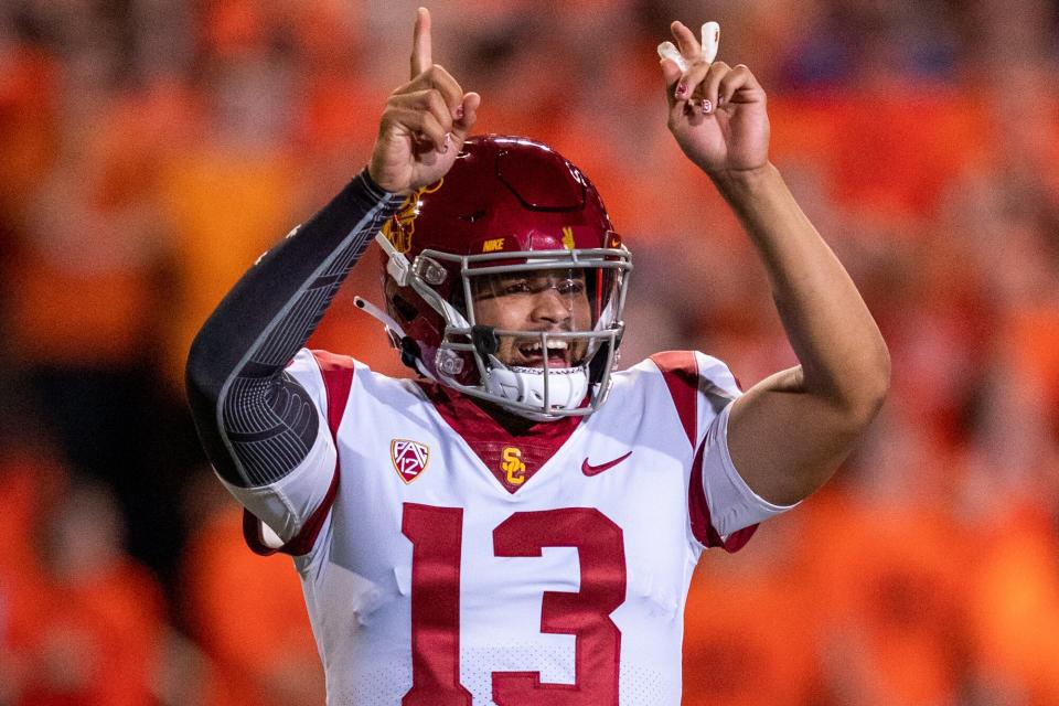 Quarterback Caleb Williams #13 of the USC Trojans celebrates after a pass completion against the Oregon State Beavers at Reser Stadium on September 24, 2022 in Corvallis, Oregon.