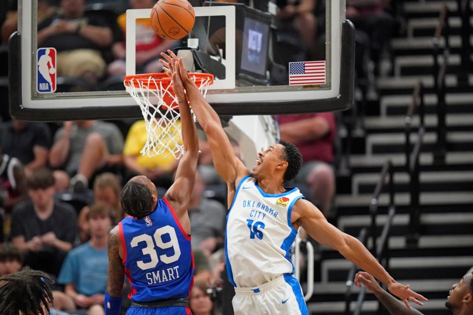 Thunder guard Zhaire Smith (16) defends against 76ers guard Javonte Smart (39) during the second half Thursday.