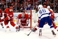 Apr 19, 2016; Detroit, MI, USA; Detroit Red Wings goalie Petr Mrazek (34) makes the save on Tampa Bay Lightning right wing Nikita Kucherov (86) during the third period in game four of the first round of the 2016 Stanley Cup Playoffs at Joe Louis Arena. Tampa won 3-2. Rick Osentoski-USA TODAY Sports