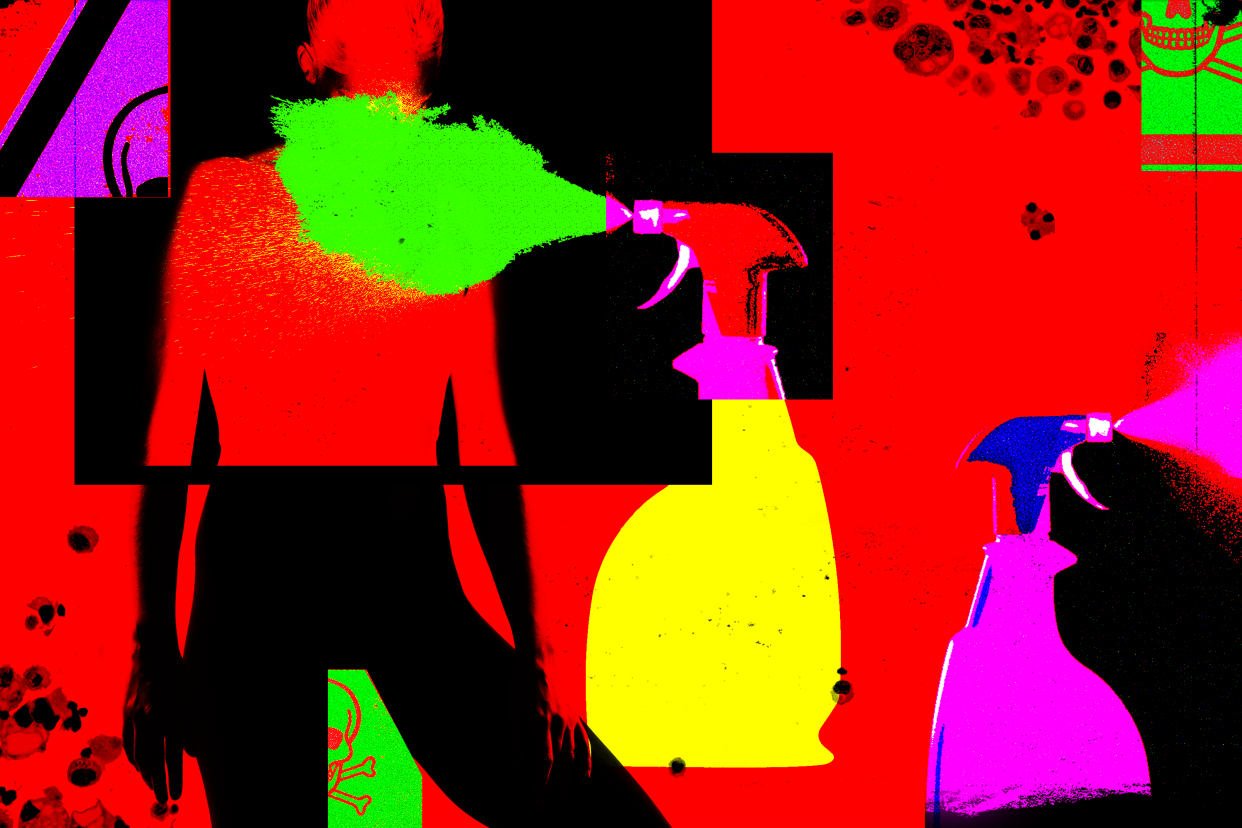 A photo illustration shows spray coming out of two spray bottles. The spray is hitting the upper chest and neck of a silhouetted person, and images of skulls and crossbones float nearby.