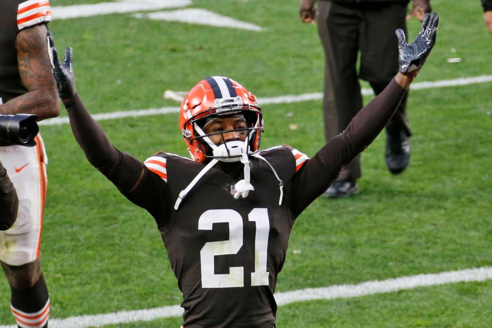 Cleveland Browns cornerback Denzel Ward celebrates after the Browns defeated the Houston Texans 10-7 after an NFL football game, Sunday, Nov. 15, 2020, in Cleveland. (AP Photo/Ron Schwane)