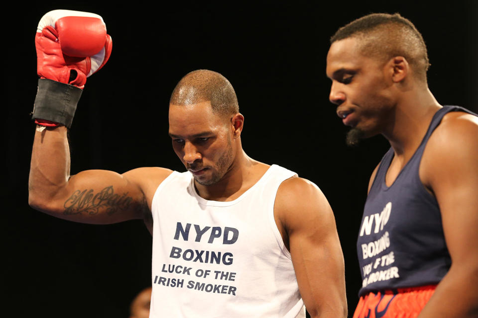 <p>New York’s Finest Thomas Boatswain celebrates victory over fellow officer David Chestnut at the NYPD Boxing Championships at the Theater at Madison Square Garden on June 8, 2017. (Photo: Gordon Donovan/Yahoo News) </p>