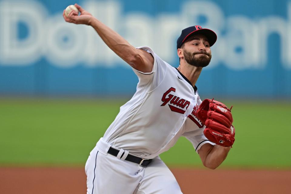 Cleveland Guardians starting pitcher Cody Morris delivers during the first inning of the team's baseball game against the Seattle Mariners, Friday, Sept. 2, 2022, in Cleveland. (AP Photo/David Dermer)