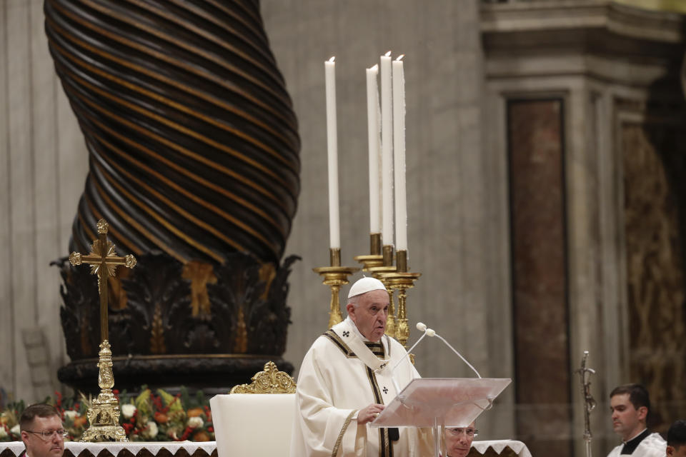 Pope Francis celebrates Christmas Eve Mass in St. Peter's Basilica at the Vatican, Tuesday, Dec. 24, 2019. (AP Photo/Alessandra Tarantino)
