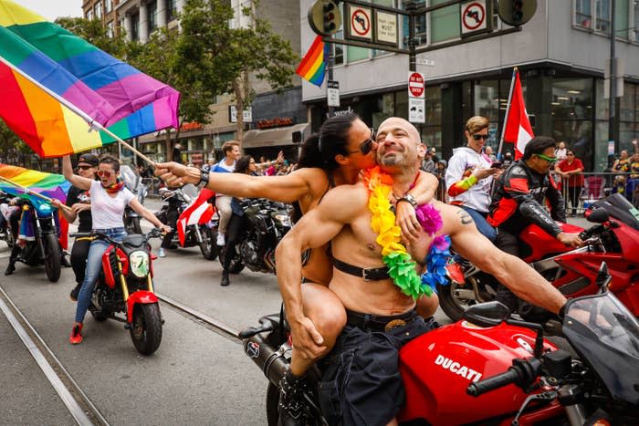 San Franciscans ride on motorcycles in San Francisco's LGBTQ+ pride parade in 2019