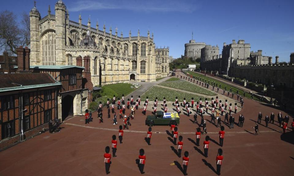 The coffin of Prince Philip is driven to the chapel in the duke’s specially modified Land Rover.