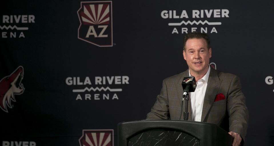 Coyotes owner Alex Meruelo speaks to the media at a news conference announcing his new ownership at Gila River Arena in Glendale on Thursday.
Thomas Hawthorne/The Republic
Coyotes owner Alex Meruelo speaks to the media at a press conference announcing Meruelo's new ownership of the Coyotes at Gila River Arena in Glendale, Ariz. on July 31, 2019.