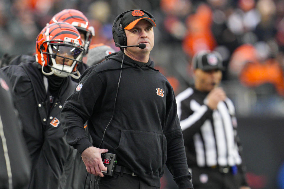 Cincinnati Bengals head coach Zac Taylor on the sideline in the second half of an NFL football game against the Cleveland Browns in Cincinnati, Sunday, Jan. 7, 2024. (AP Photo/Jeff Dean)