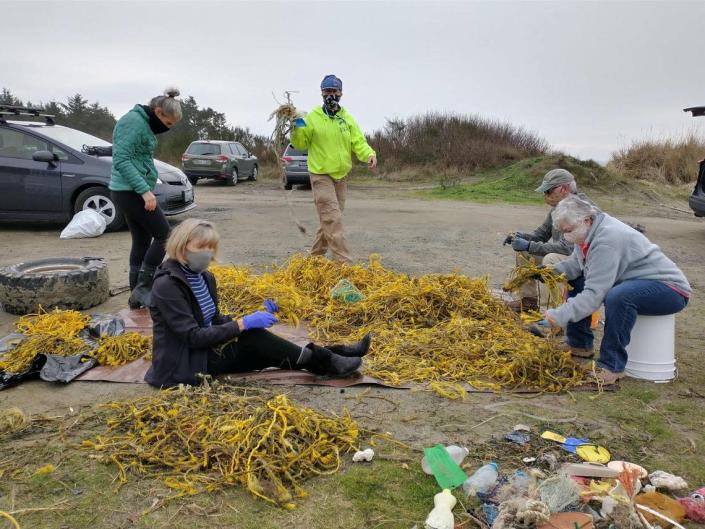 Volunteers collected almost 17,000 yellow ropes on Jan. 16, 2021, on beaches between Westport and Tokeland, Wash.