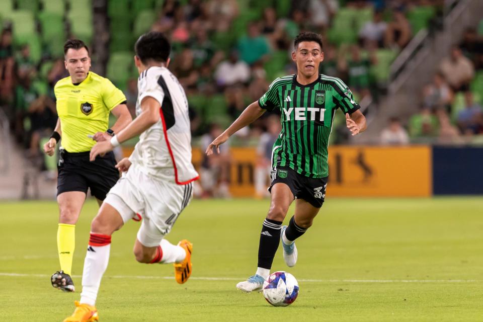 Austin FC midfielder Owen Wolff brings the ball up field during the MLS match against FC Dallas in June at Q2 Stadium.  He could fetch a lot of money from a club overseas if he's moved in the transfer window.
