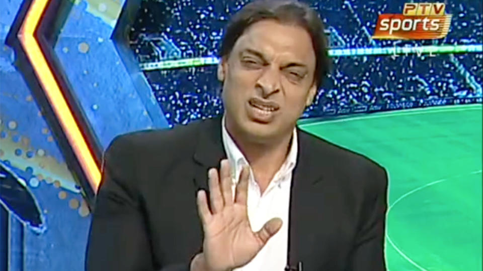 Cricket great Shoaib Akhtar is seen here on a sports program on Pakistan TV.