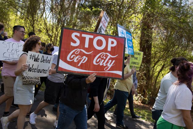 ATLANTA, GEORGIA - MARCH 4: Environmental activists hold a rally and a march through the Atlanta Forest, a preserved forest Atlanta that is scheduled to be developed as a police training center, March 4, 2023 in Atlanta, Georgia. Intent upon stopping the building of what they have called cop city, the environmentalists were evicted from the forest in January, resulting in the killing by police of Manuel Teran, a young activist and medic. (Photo by Andrew Lichtenstein/Corbis via Getty Images)