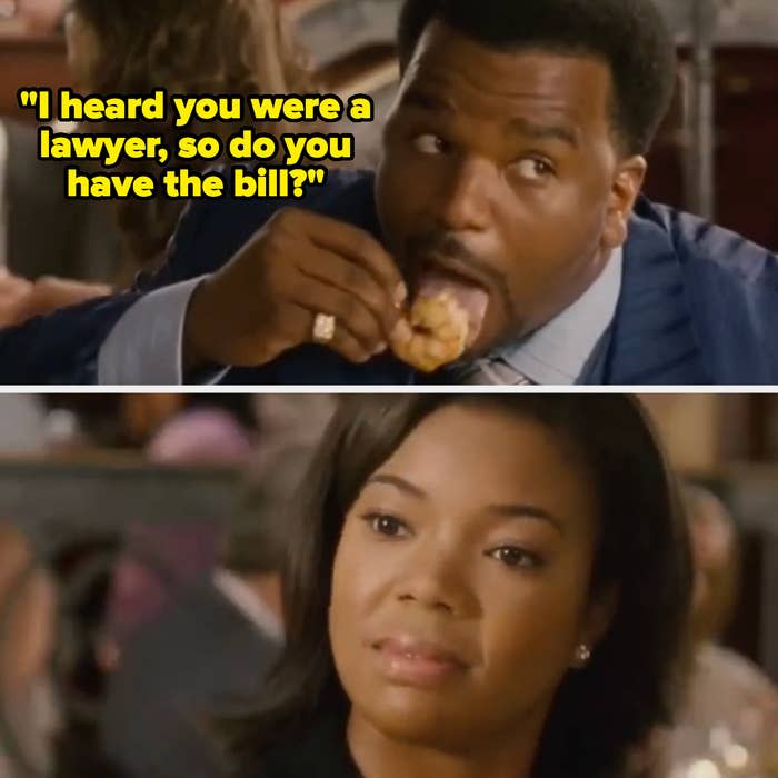 Man eating a shrimp on a date with caption "I heard you were a lawyer, so do you have the bill?" and a women making a disgusted face